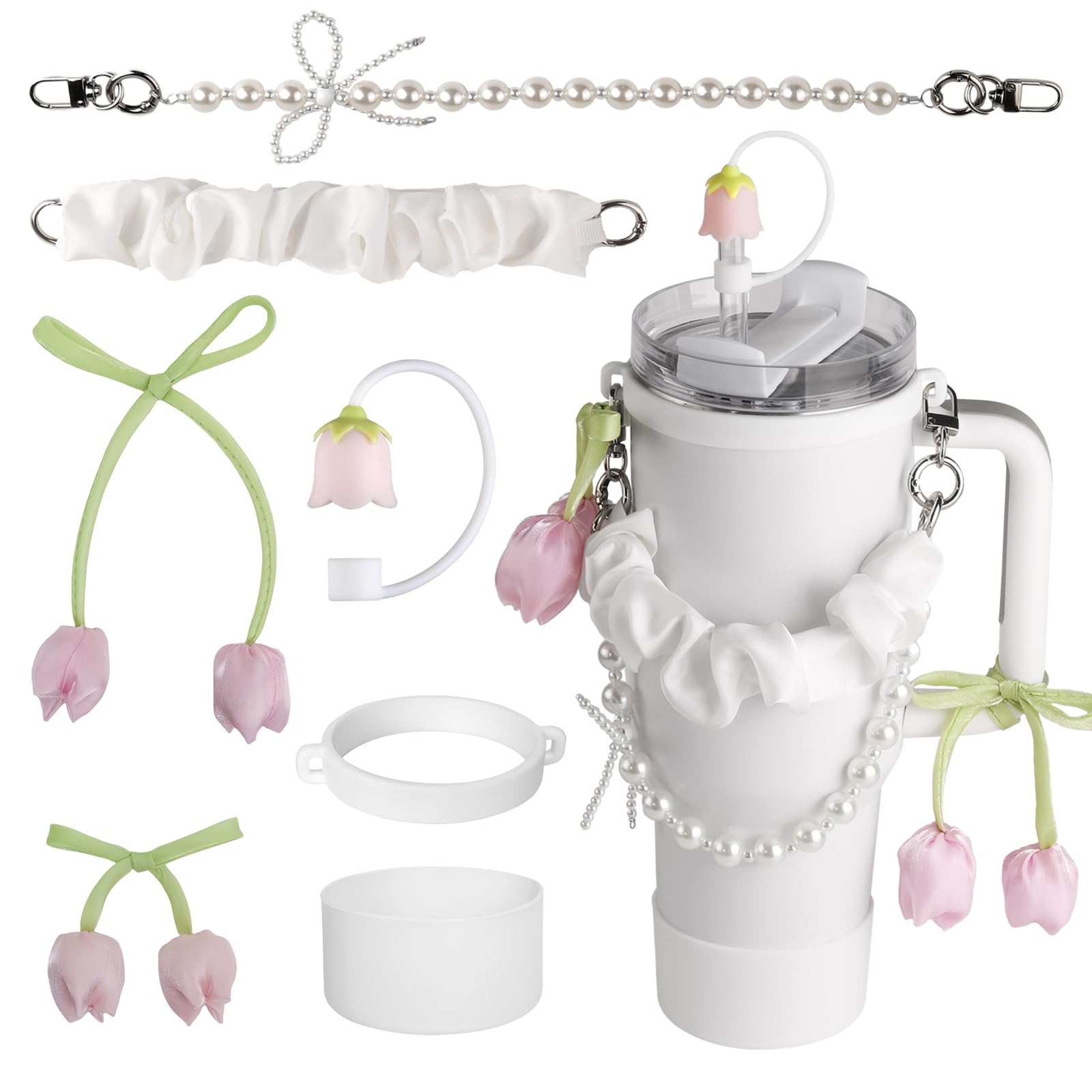 7PCS Cup Accessories Set for Stanley Cup 30oz 40oz tumbler with handle, Tulip Set,Pearl Bow Decoration&Ribbon Handle,Tulip Straw topper cover,Silicone Boot (Pink)