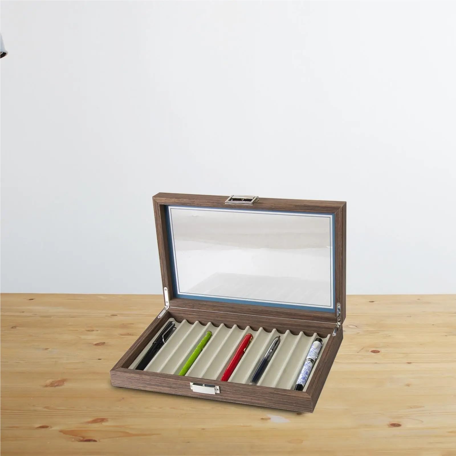Holz-Füllfederhalter-Vitrine Stifteetui aus Holz, Platz for 12 Stifte, praktischer Organizer mit Fächern und Sichtfenster