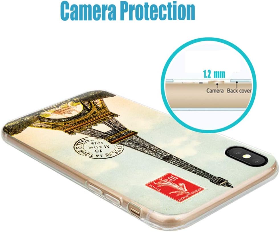 iPhone Xs Case Cute,iPhone X Case Cool,iPhone 10 Case,ChiChiC Slim Flexible Soft Rubber Silicone TPU Clear Case Cover with Design for Apple iPhone Xs X 10, Vintage Postcard with Eiffel Tower in Paris