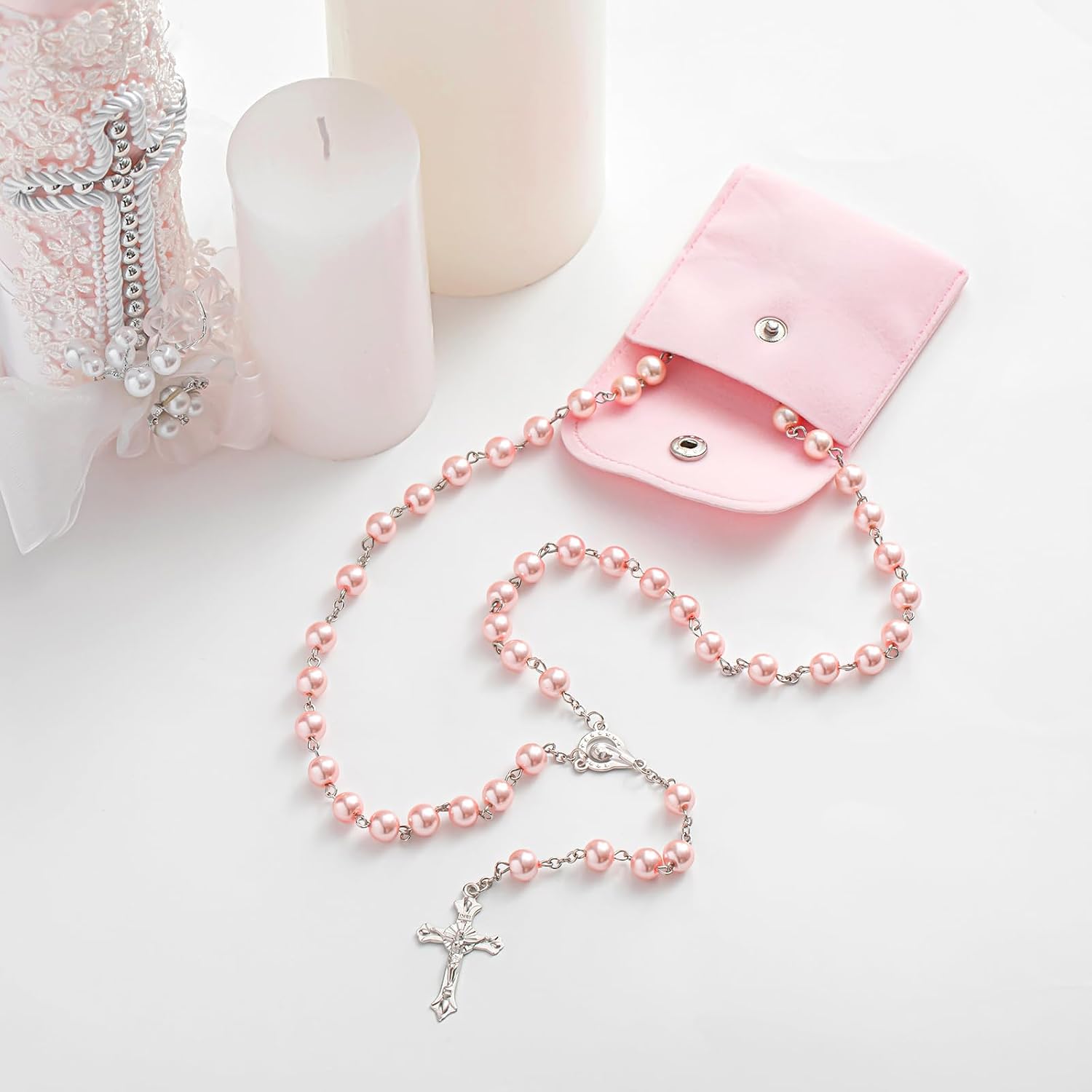 ROCEEI 12 Sets Rosary Beads Catholic for Women with Simple Button Bags Artificial Pearls Rosary for Confirmation Gifts