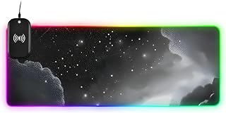 Grey Starry Sky Wireless Charging LED Desk Pad - Extra Large RGB Mouse Mat with 14 Lighting Effects, Non-Slip Base for Office Gaming (35.4x15.7in)