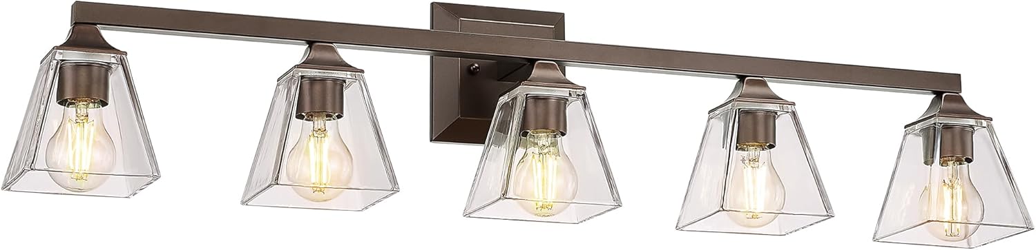 Bronze Bathroom Light Fixtures, HWH 5-Light Farmhouse Bathroom Lighting Fixture Over Mirror, Vanity Wall Sconce Oil-Rubbed Bronze with Square Glass Shade, 5HY68B-5W ORB