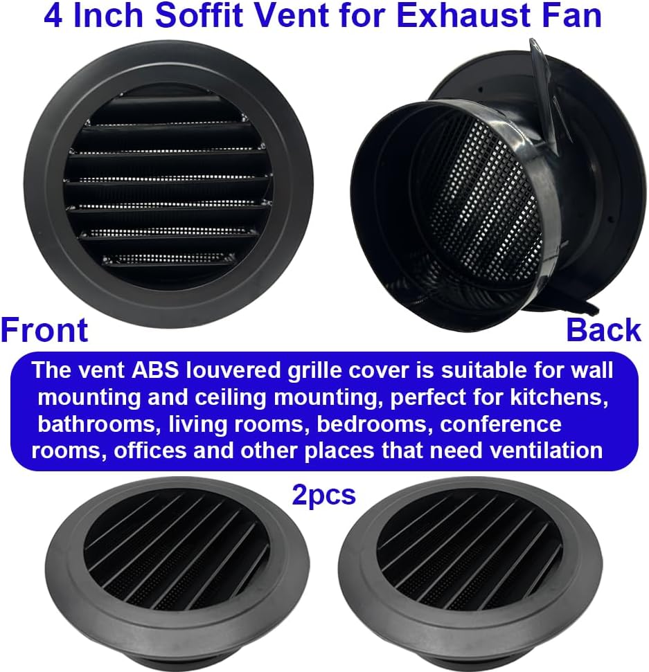 4 Inch Round Air Vent, Ceiling Vent Covers, Duct Fan, Adjustable Soffit Vent, Black Grille Cover Exhaust Vent Fit for Bathroom Office Kitchen Ventilation 2PCS