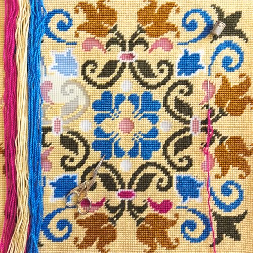 Image of Brvsk Ornamental Needlepoint Kit for Adults and Beginners - Byzantine 16″ x 16″ with Clear, Precise Printed Design on Cotton Canvas; Includes 2 Needles, Yarn, and Easy-Read Chart