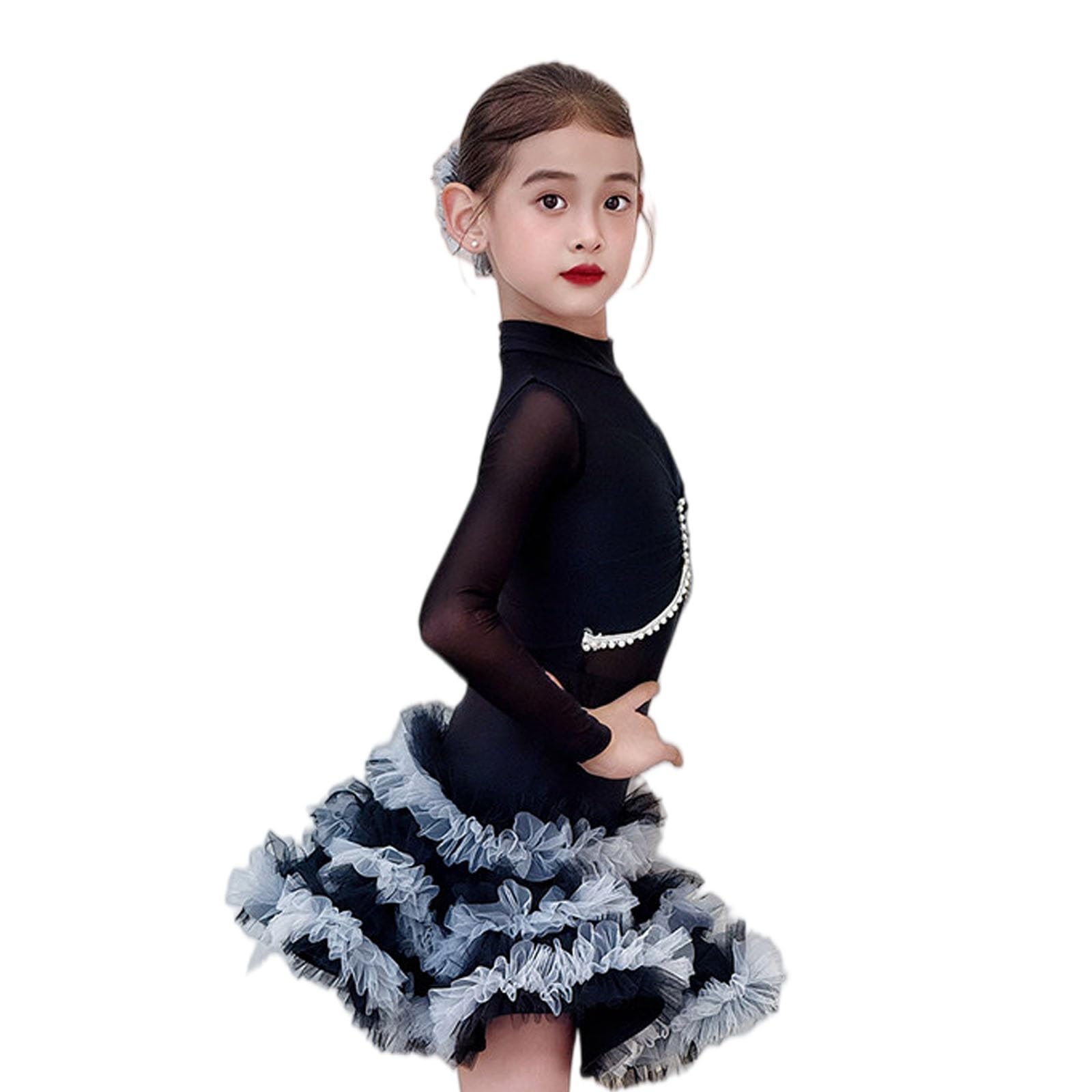 MEECHI Mädchen Latein Tanzkleid, Kinder Mesh Langarm Leotards Und Tüllrock Girls Wettbewerb Performance Dance Dress Tanzoutfit Für Rumba Samba Cha Cha Tango