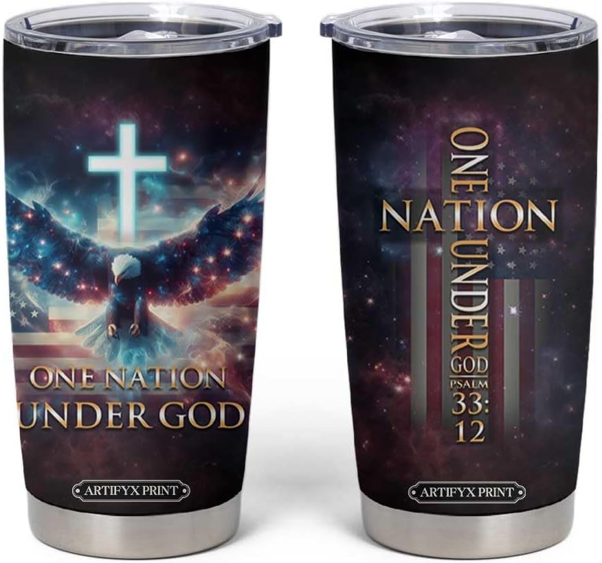 One Nation Under God Tumbler 20oz – Christian Patriotic Travel Mug with Psalm 33:12 Scripture, American Flag & Bald Eagle – Stainless Steel Insulated Gift for Veterans & Believers