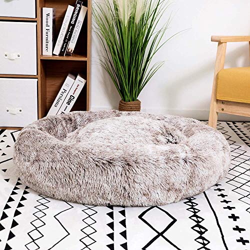 Poohoo Calming Faux Fur Donut Cuddler Dog Bed,Washable Round Cat Bed Pillow Cuddler Gradient Color(23"/30") For Small Medium Dogs (Oval 43", Light Brown) #TOP4