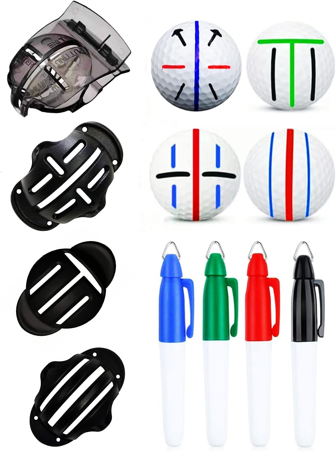 8 Pcs Precision Golf Ball Marker Including 4 Golf Ball Marking Stencils and 4 Colors Golf Ball Markers, Golf Ball Line Marking Tool Kit, Alignment Identification Tool (Red + Blue + Black + Green Pen)