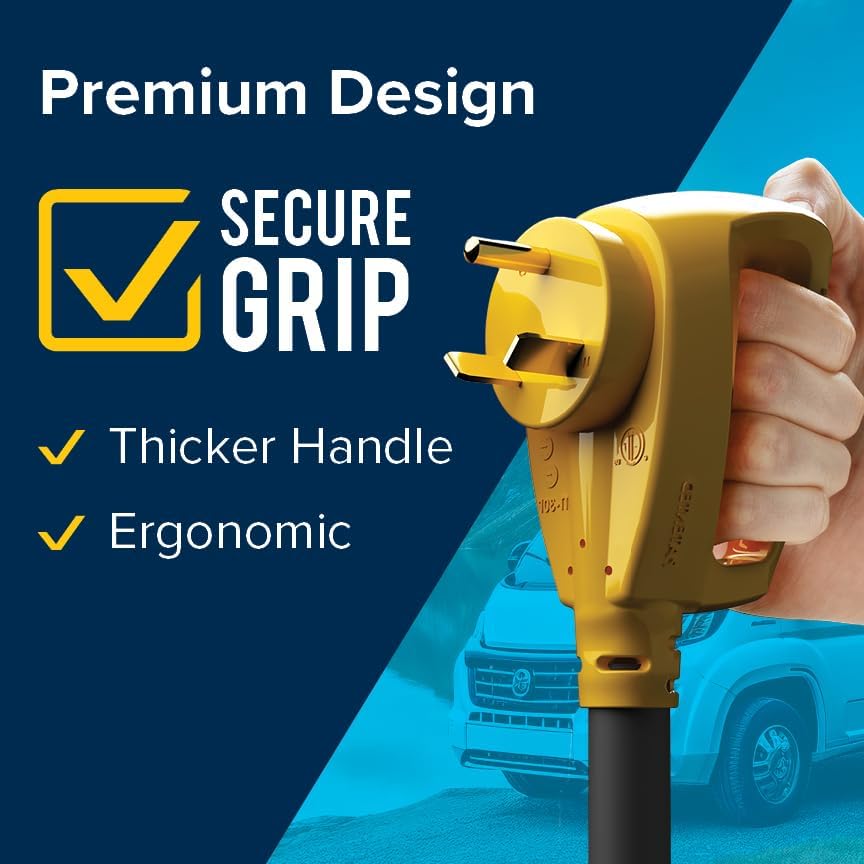 Hand gripping the Camco Power Grip male connector, showing ergonomic design