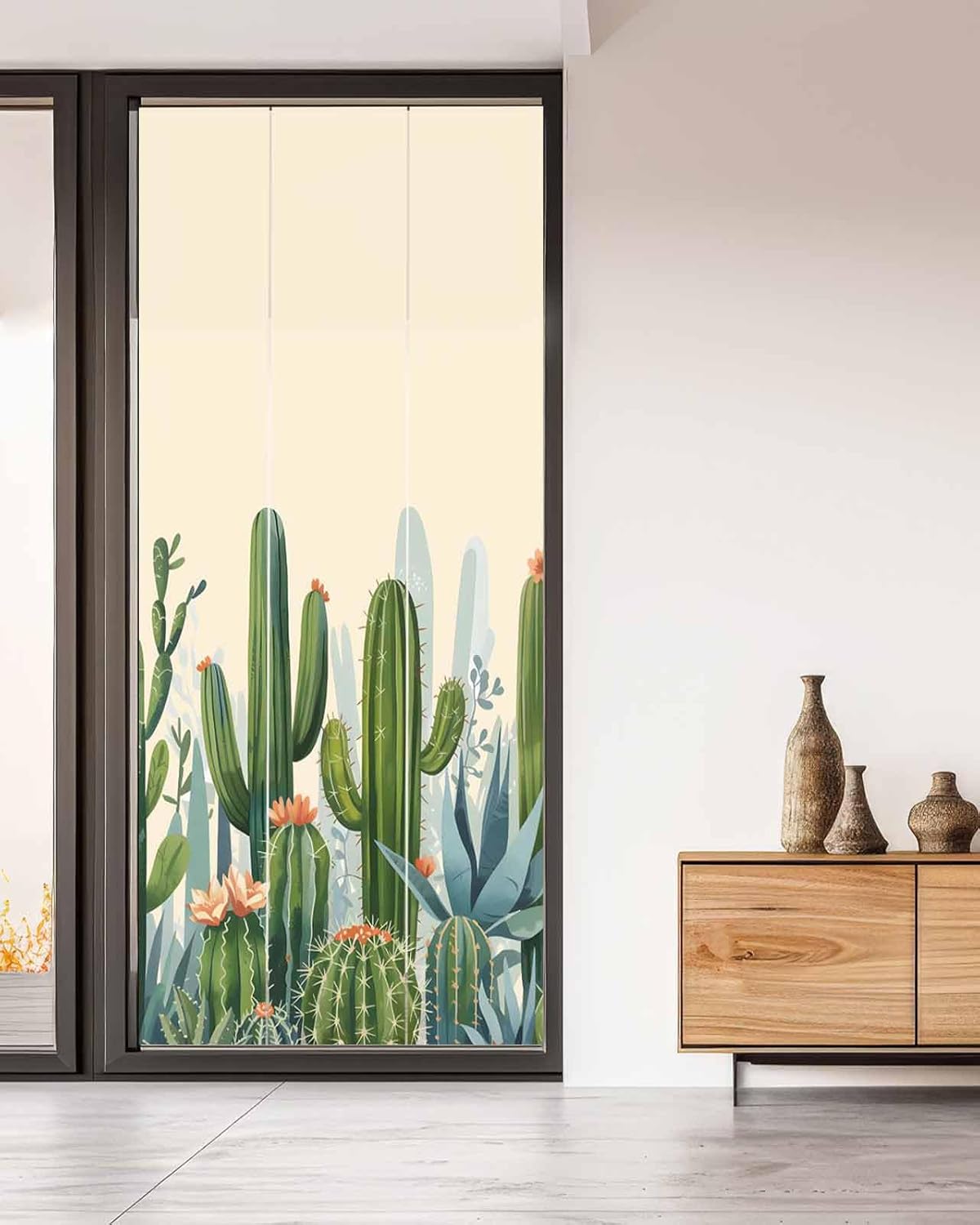 Green Cactus Window Privacy Film Decorative Stained Glass Window Film Watercolor Summer Botanical Beige Static Windows Clings Sticker for Glass Door, 35.4"x78.7" Blackout Shades Windows Cover