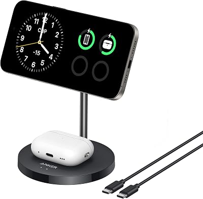 Anker MagGo 15W Magsafe Ladegerät kompatibel, 2-in-1 Induktive Ladestation, Qi2 Wireless Charger für iPhone 17/16/15/14/13/12, AirPods Pro, Mit 1,5m USB C Kabel, ohne Netzteil
