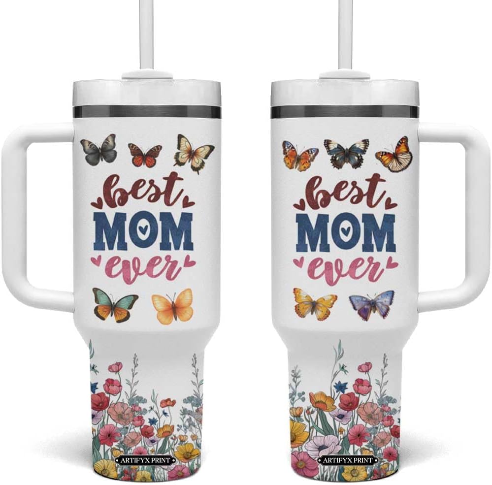 Floral Mom Tumbler With Handle Best Mom Ever Butterflies Mama Flower Garden Vacuum Insulated Travel Coffee Mug Cup Tumbler, Mothers Day Gifts From Daughter Son Kid, Gift for Mom Women Wife