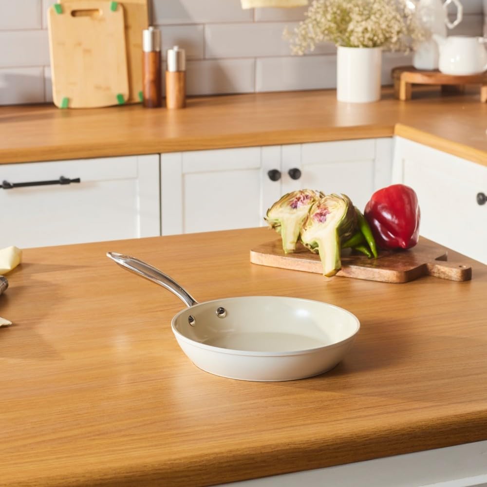KARACA Swiss Crystal Almond Cream 22 cm Non‑Stick Induction Shallow Pan with Stainless Steel Handle – PFAS/PFOA‑Free Ceramic Coating, Dishwasher Safe, Cream Finish