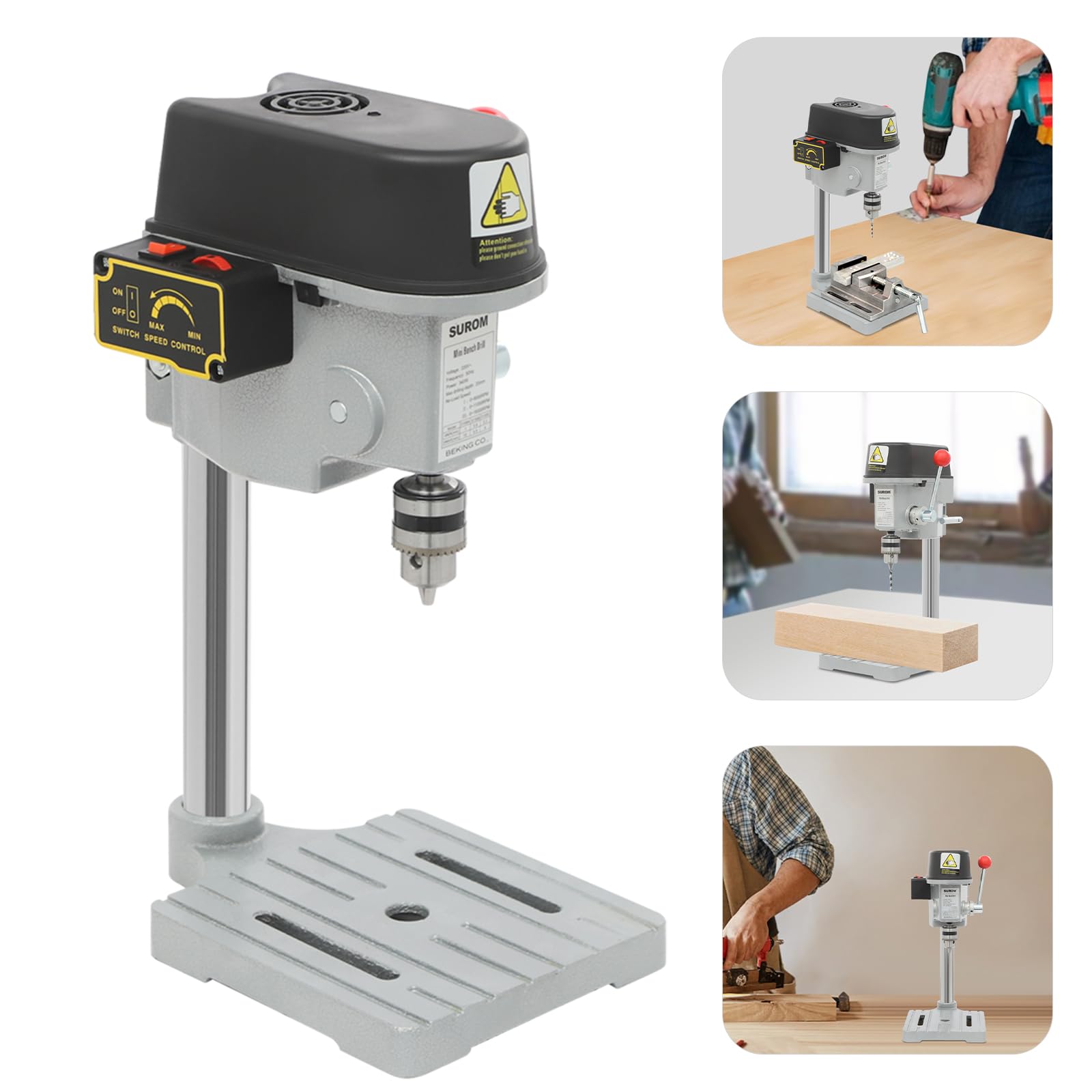 Mini taladro de columna, 340 W, tres velocidades con tope de profundidad, regulación de velocidad sin niveles, mini taladro de mesa, taladro portátil, madera, placa de plástico