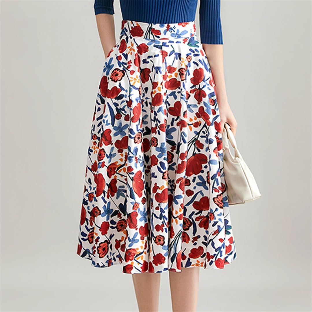 Women's Floral High-Waisted A-Line Chiffon Skirts Ladies Beach Pleated Skirts Sweet Tulle Skirt