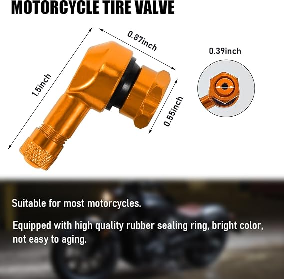 Yourkar 2 PCS Motorcycle Tire Valve Stems, 90 Degree Angle Metal Motorcycle Wheel Valve Stem, Aluminum Alloy Tire Tubeless Valve Stems with Rubber Ring, Motorcycle Accessories (Golden)