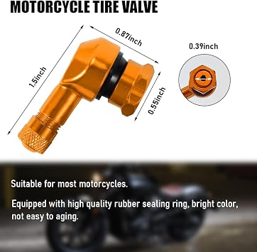 Yourkar 2 PCS Motorcycle Tire Valve Stems, 90 Degree Angle Metal Motorcycle Wheel Valve Stem, Aluminum Alloy Tire Tubeless Valve Stems with Rubber Ring, Motorcycle Accessories (Golden)