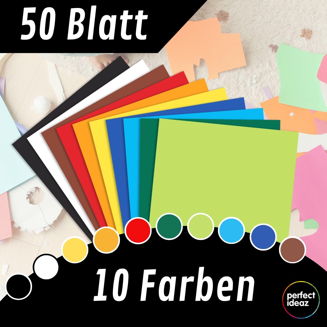 perfect ideaz - 50 Blatt Tonkarton DIN-A2, 10 Farben, Made in Germany, Blauer Engel zertifiziert