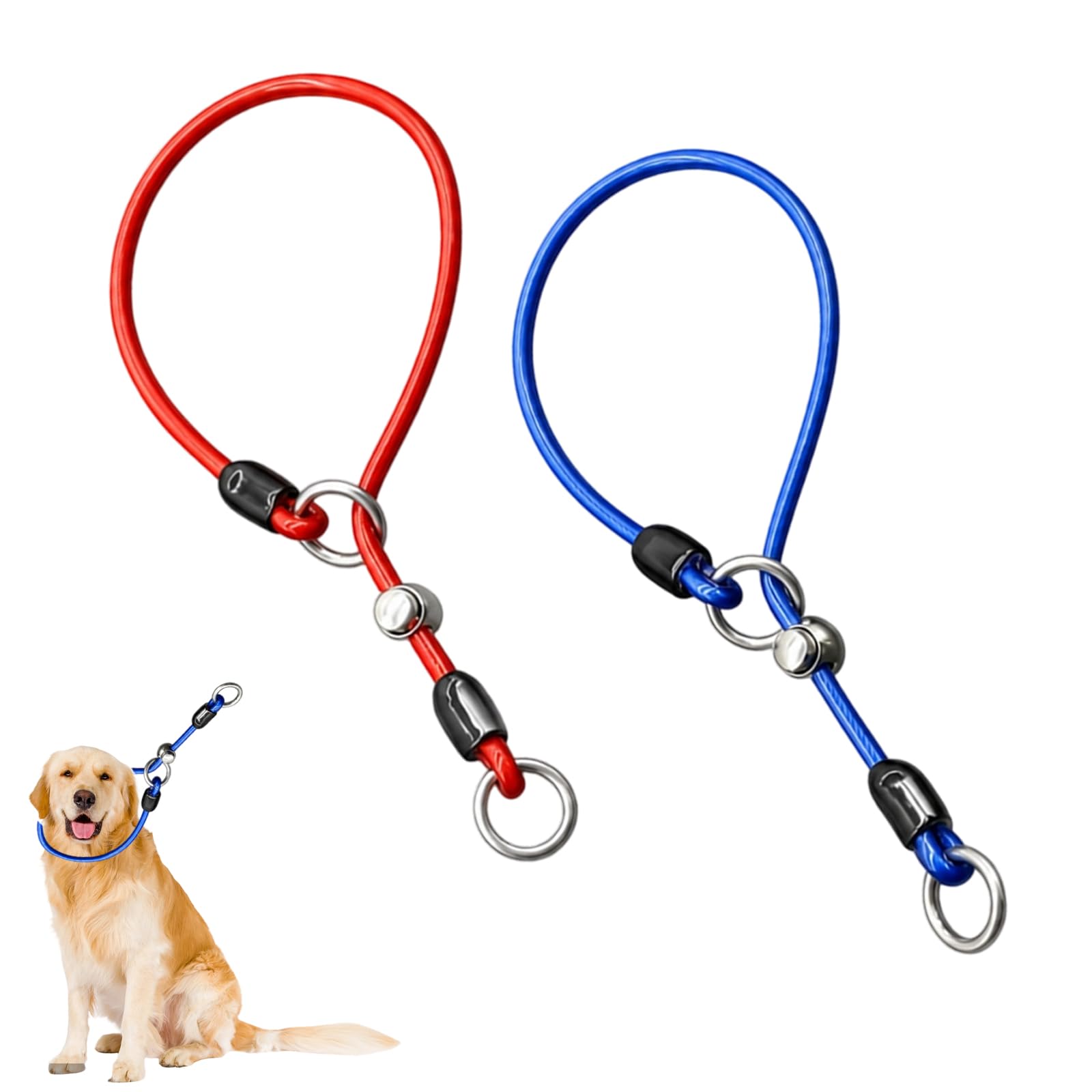 2 Pcs Dog Round Choke Collar, with Adjustable Stopper Rope and Collars Steel Core Rope, Training No Pull Dog Slip Collars for Small, Medium and Large Dogs