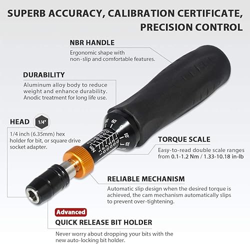 Miniatura 2 de FIRSTINFO H5178 Destornillador limitador de par certificado de precisión, soporte de puntas hexagonales de 14 pulgadas, 0.1-1.2 Nm1.33-10.18 In-lb