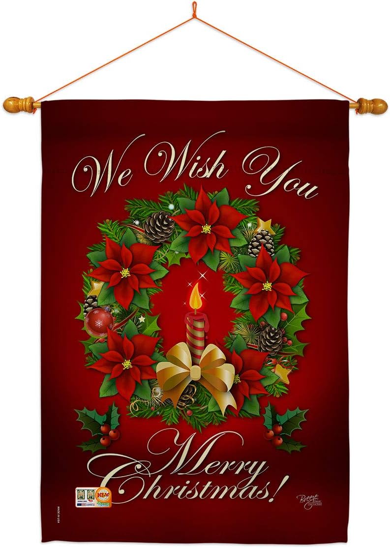 We Wish You House Flag Dowel Set Wintertime Christmas Santa Marry Xmas Present Reindeer Season Snow Small Decorative Gift Yard Banner Made In USA 28 X 40
