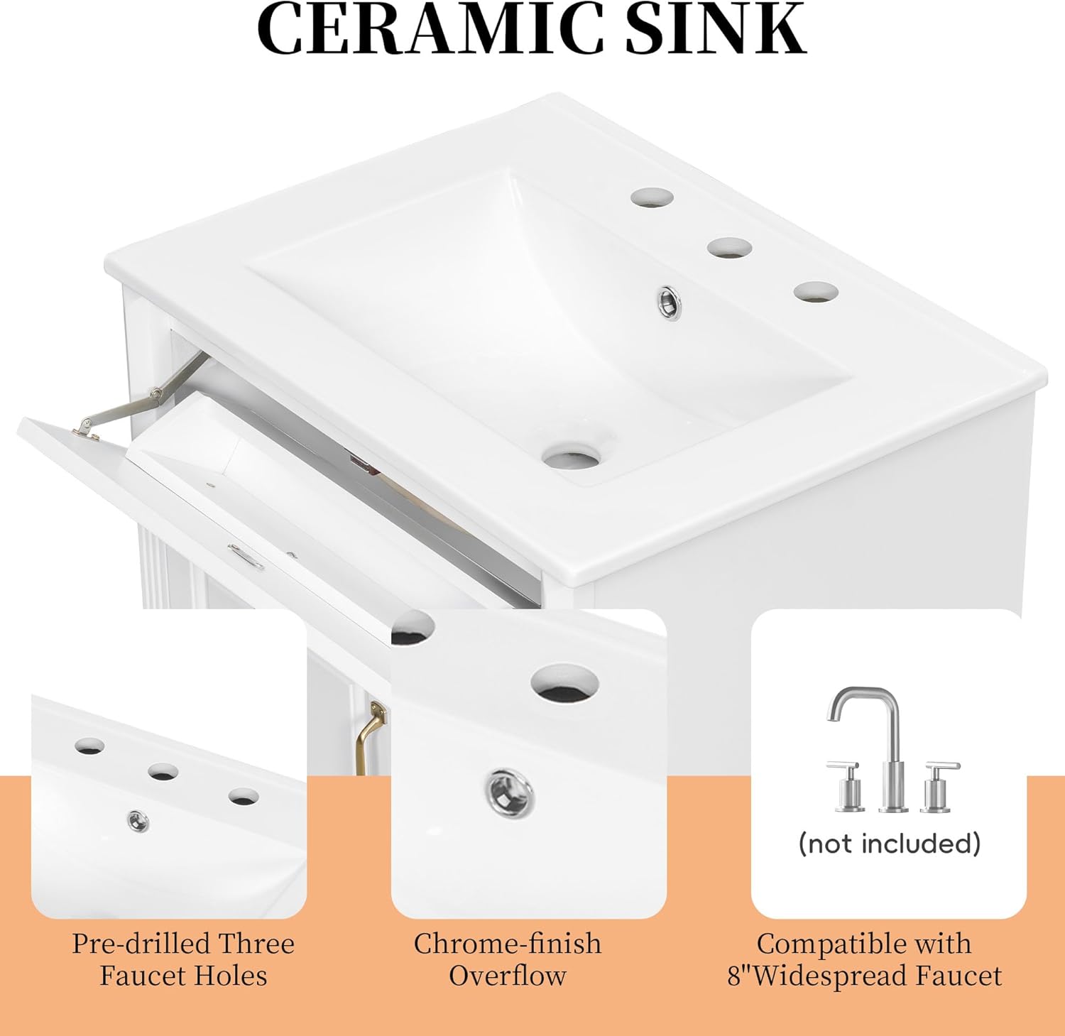 24-inch Bathroom Vanity with Sink Combo, Free-Standing Single Storage Cabinet with Flip-Out Drawer, 3 Drawers, One Door, MDF and Solid Wood Vanity with Ceramic Basin for Bathroom (White)