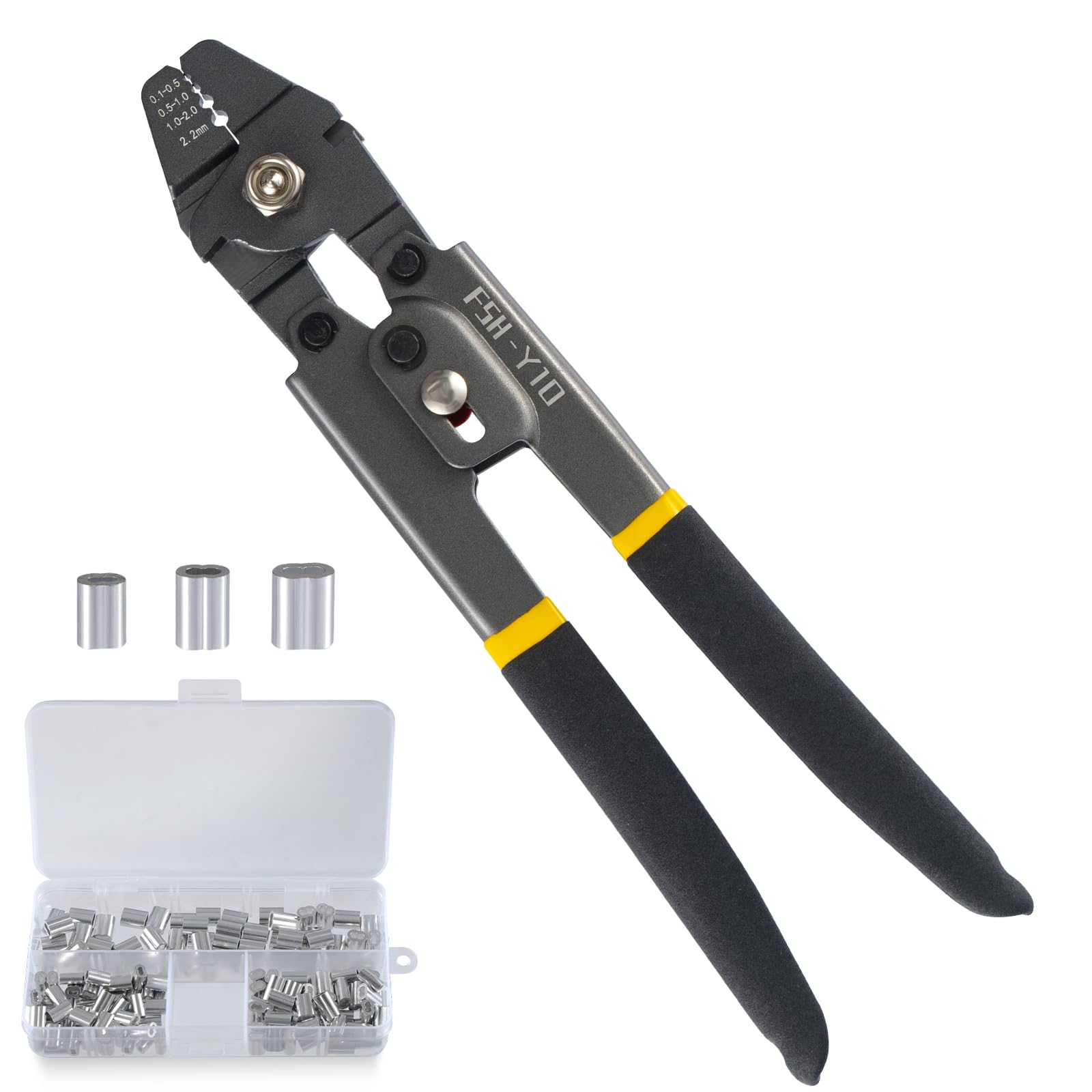 ドウシュウ(同舟) かしめ機 ワイヤースリーブ 圧着工具 ワイヤークランプカッター かしめ工具 圧着と切断の両機能 2in1 φ0.1mm-φ2.2mm対応 黒 8文字型 アルミスリーブ付き 150個