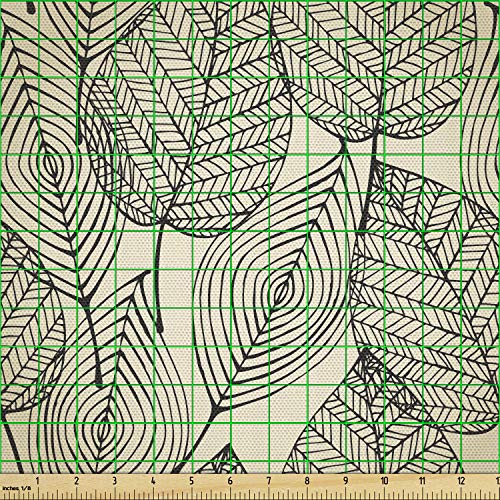Image of Ambesonne Beige Fabric by The Yard, Autumn Geometric Leaf Pattern Ornamental Foliage Design Abstract Line Arrangement, Decorative Fabric for Upholstery and Home Accents, 2 Yards, Beige Black