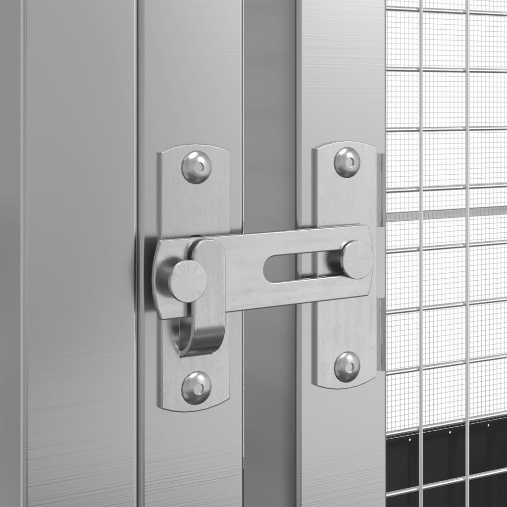 Close-up of the secure locking mechanism on the aviary door