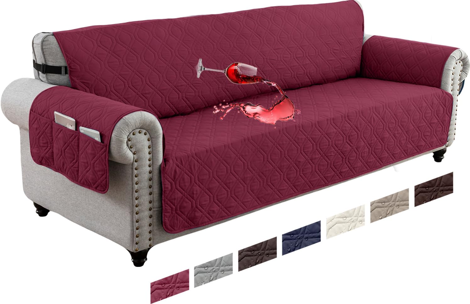LINGKY Waterproof Sofa Cover 4 Seater Non-Slip Sofa Slipcovers, Reversible Washable Sofa Protectors from Pets & Kids with Elastic Straps Quilted Couch Covers (Wine Red,4 Seater)
