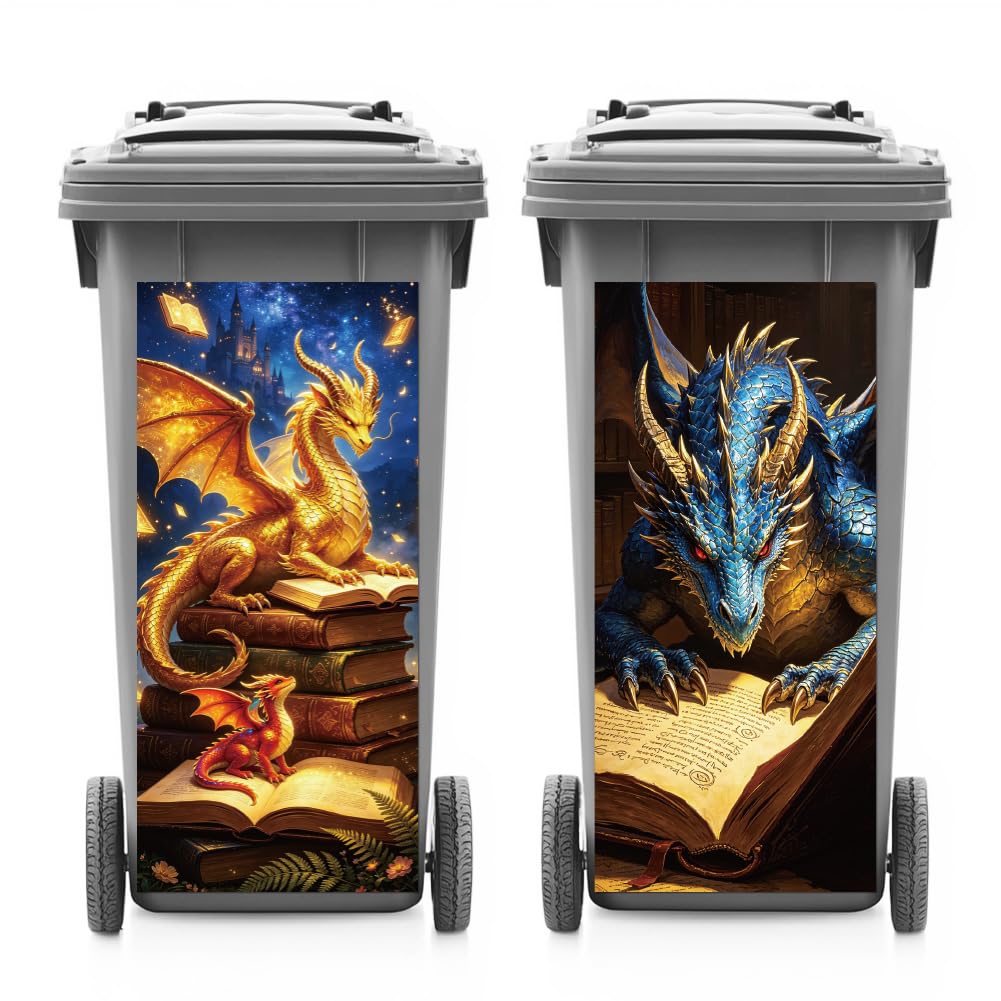 ANATTASOUL 2 Sheets Animal Wheelie Bin Stickers Fantasy Dragons Waterproof Dustbin Covers Decor, 14.9"x 32.2" Adhesive Large Decal for Bins, Fridge, Wall Outdoor, Indoor Decoration