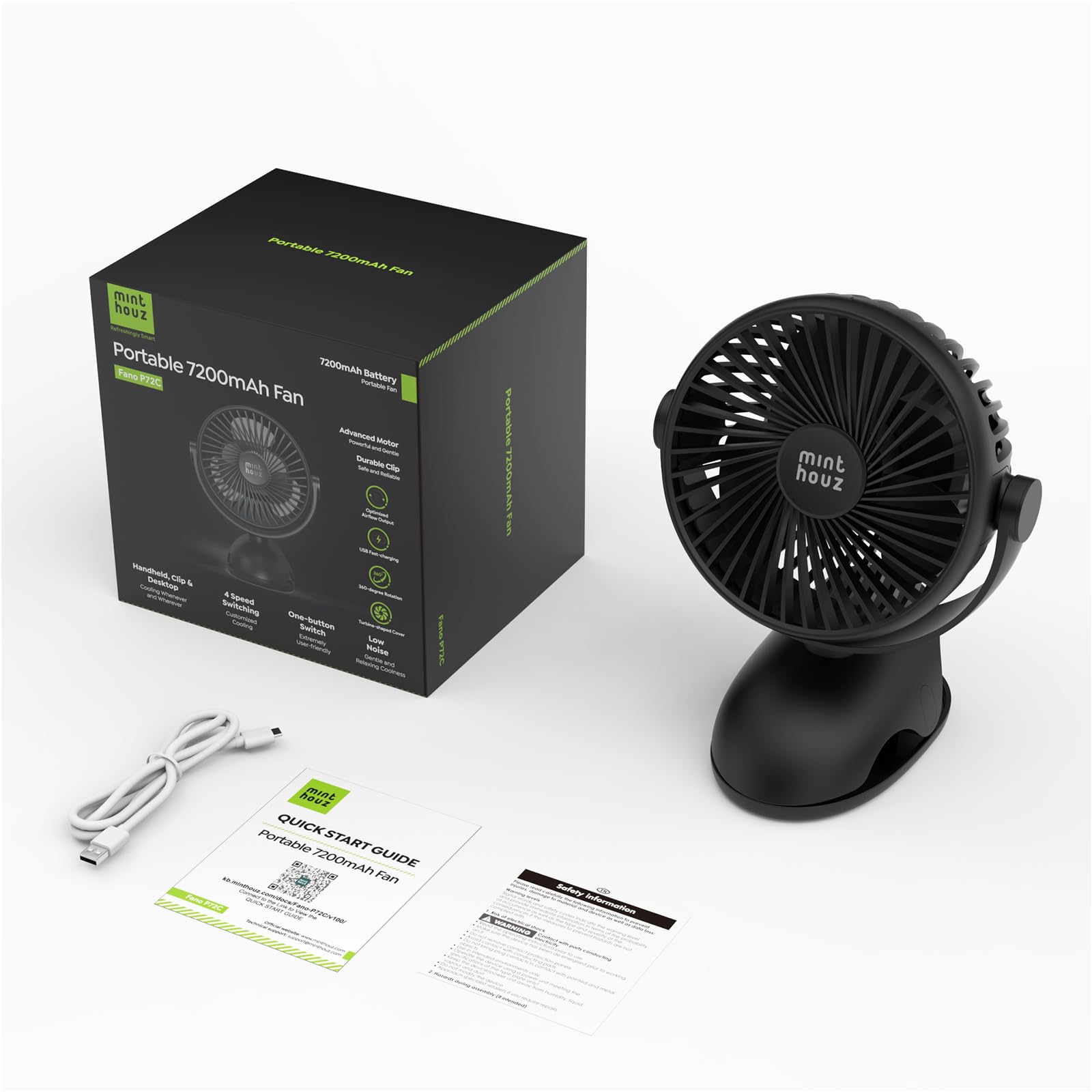 Minthouz Ventilateur à Pince avec Clip, Ventilateur USB Rechargeable 8000mAh, 4 Vitesses, Rotation 360°, Longue Autonomie Silencieux, Mini Portable pour Bureau Camping Poussette Maison