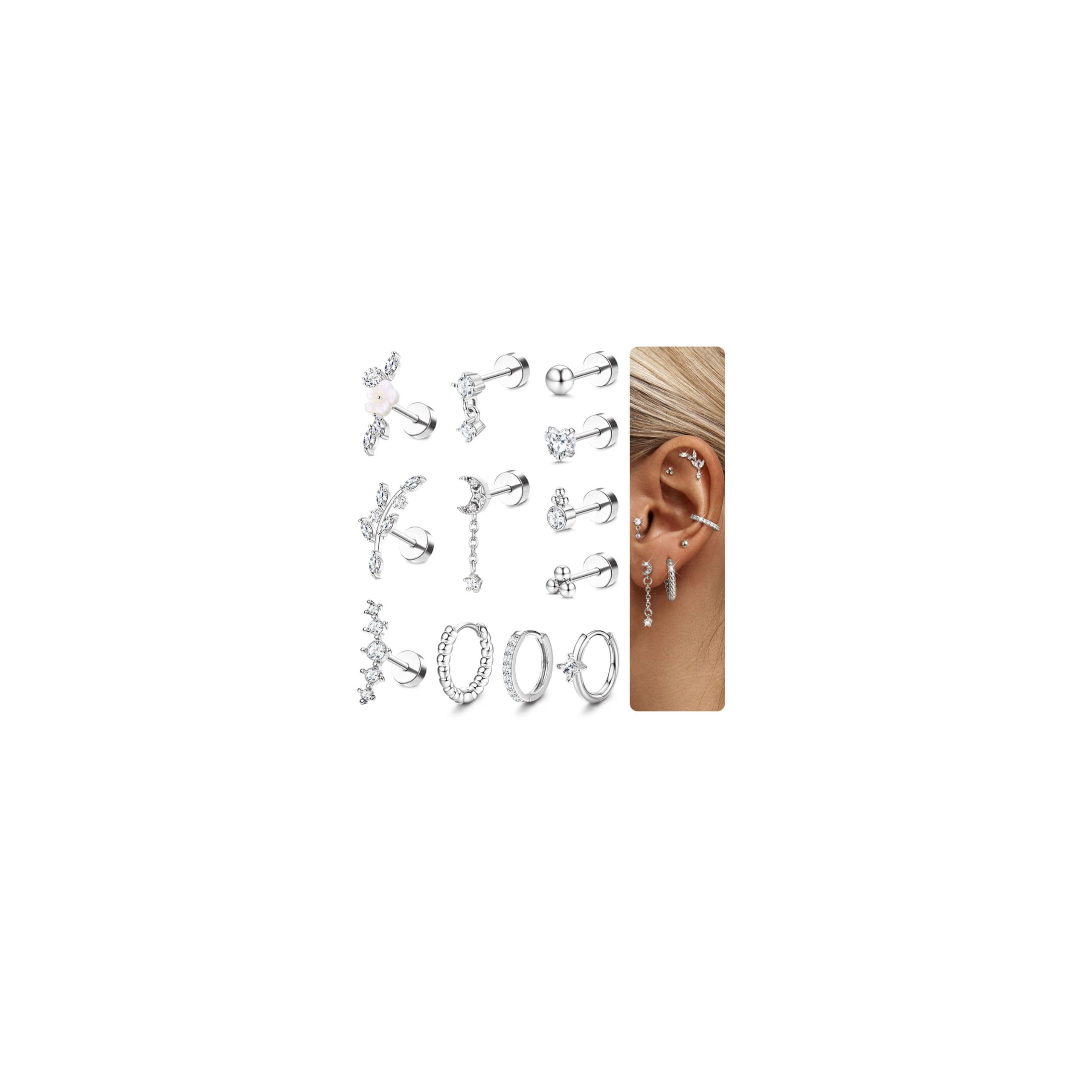 HMJGDHX 12 sztuk Helix Piercing biżuteria srebrne złote kolczyki dla kobiet chirurgiczne stalowe kolczyki z płaskim tyłem Rook Daith Conch Tragus Piercing biżuteria małe Helix Hoop kolczyki na