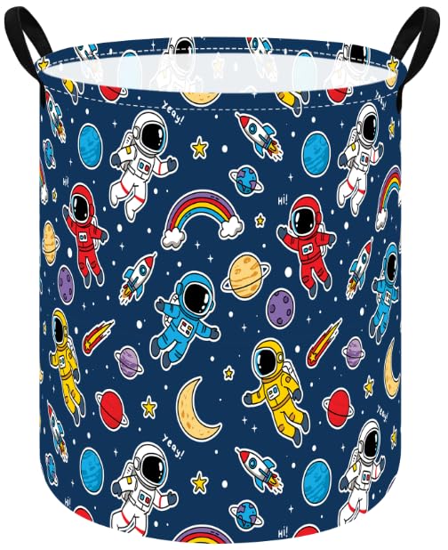 Image of MAIZMZ Kids Storage Bin Astronaut Space Hamper,15.7 inch D x 19.7 inch H Waterproof Linen Laundry Basket with Leather Handles for Boys Room, Gifts
