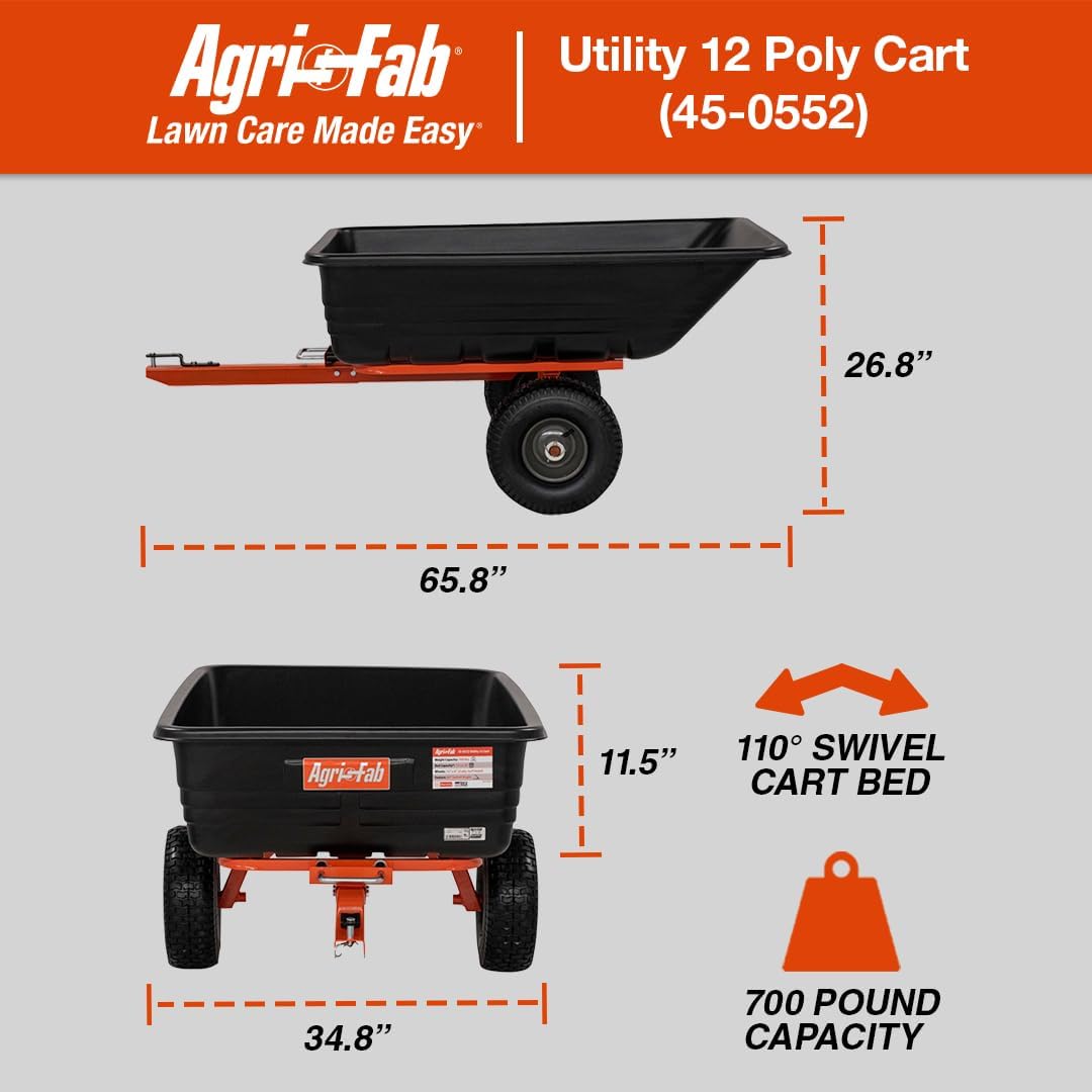 Agri-Fab 45-0552 700 lbs Tow Behind Poly Dump/Swivel Cart, 12 CU. FT. Capacity; Lawn & Garden Cart/Trailer for Lawn Mowers, 15" Pneumatics Tires, Easy to Use Hand Dumping Mechanism