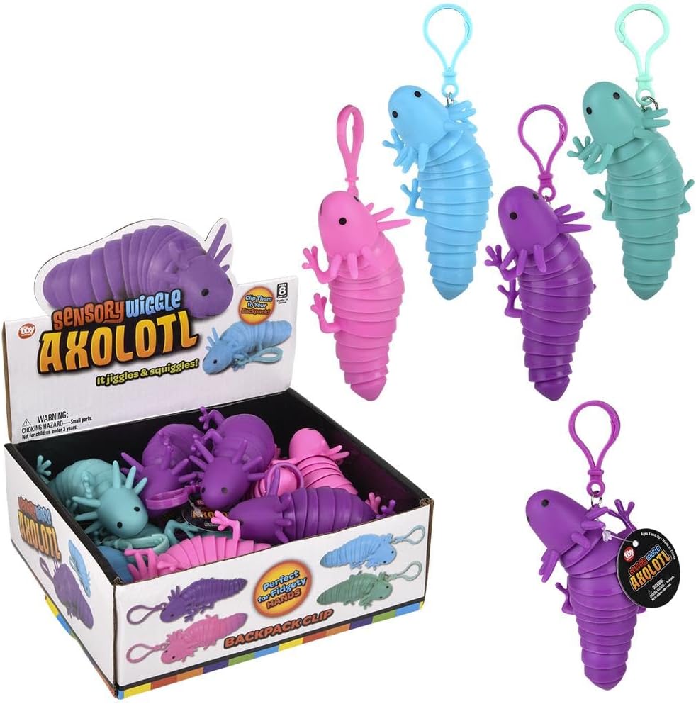 Rhode Island Novelty 4" Wiggle Sensory Axolotl Backpack Clip 12ct