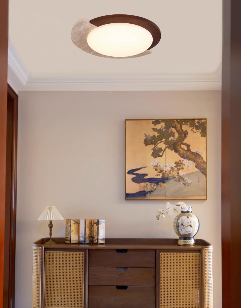Mid-Century Wood Flush Mount Ceiling Light Round Shape Farmhouse Natural Stone Ceiling Light Modern Travertine Ceiling Lamp Acrylic Shade 17.7" Walnut Color LED Ceiling Lights