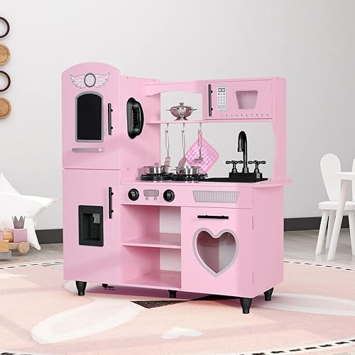 Miniatura 5 de TaoHFE Juego de muebles rosados para niños juego de cocina de madera para niños con mesa y silla de madera para niños, juego de regalo para niñas