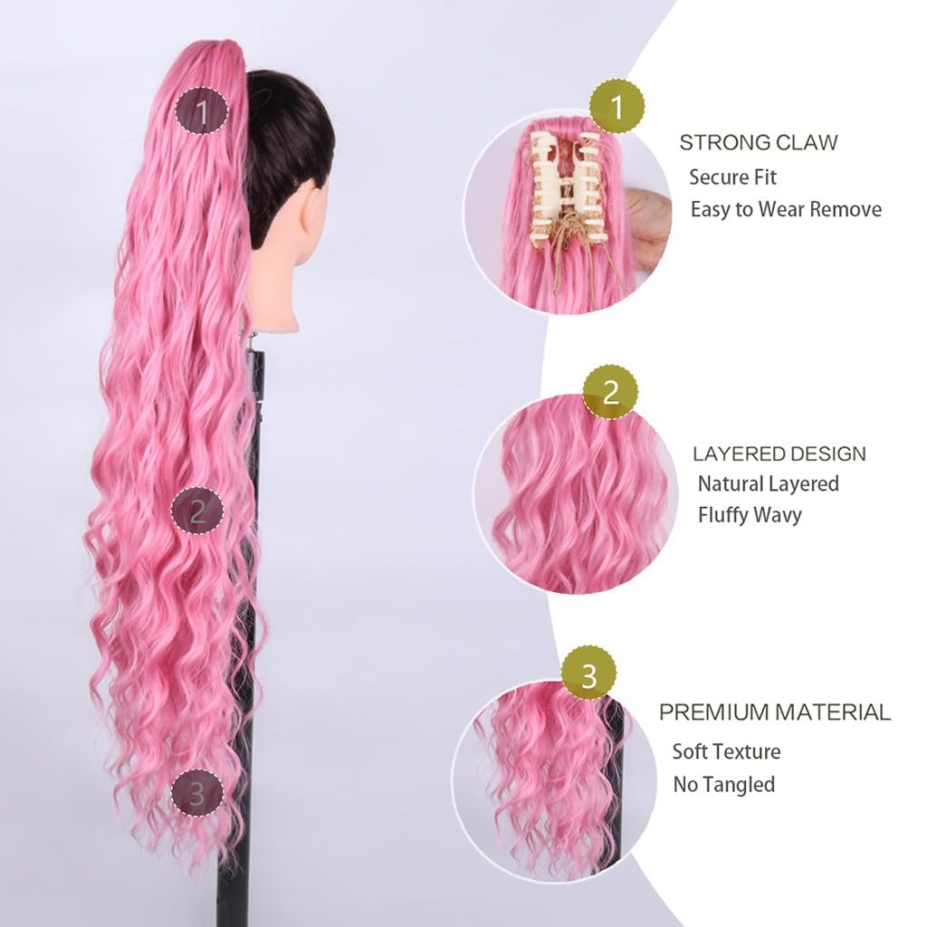 Super Long 80cm Thick Ponytail Extension Synthetic Loose Wavy Claw Clip in High Ponytail for Women Seamless Fake Full Pony Tail Hairpiece (Pink) - Image 2