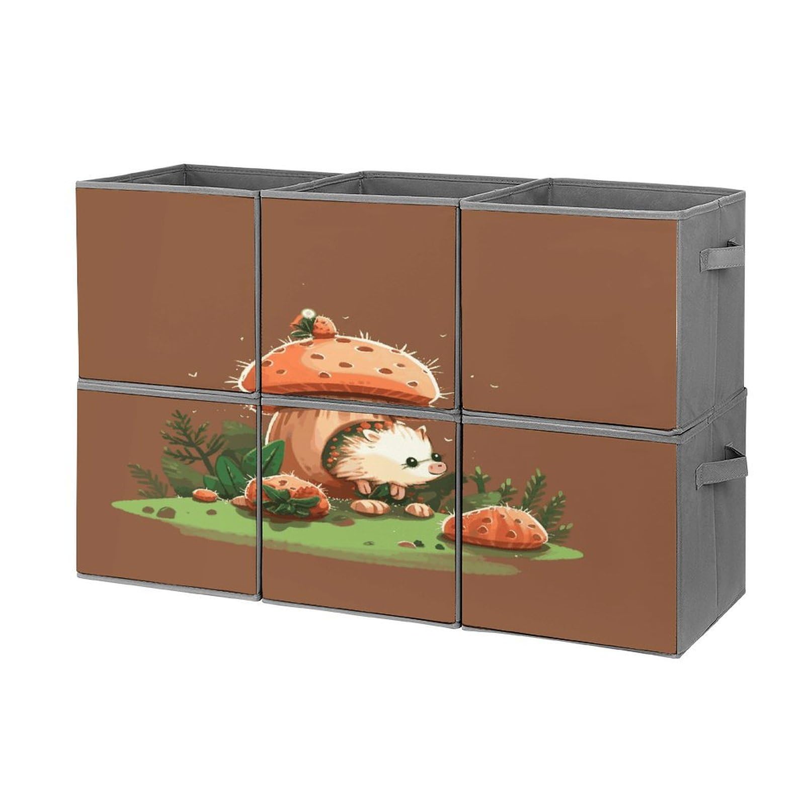 Btcowzrv Style Hedgehog And Mushroom Storage Cubes, 6 Pack Oxford Fabric Foldable Collapsible Bins With Handles, Cubby Storage Baskets Boxes For Closet Shelves Office Organization
