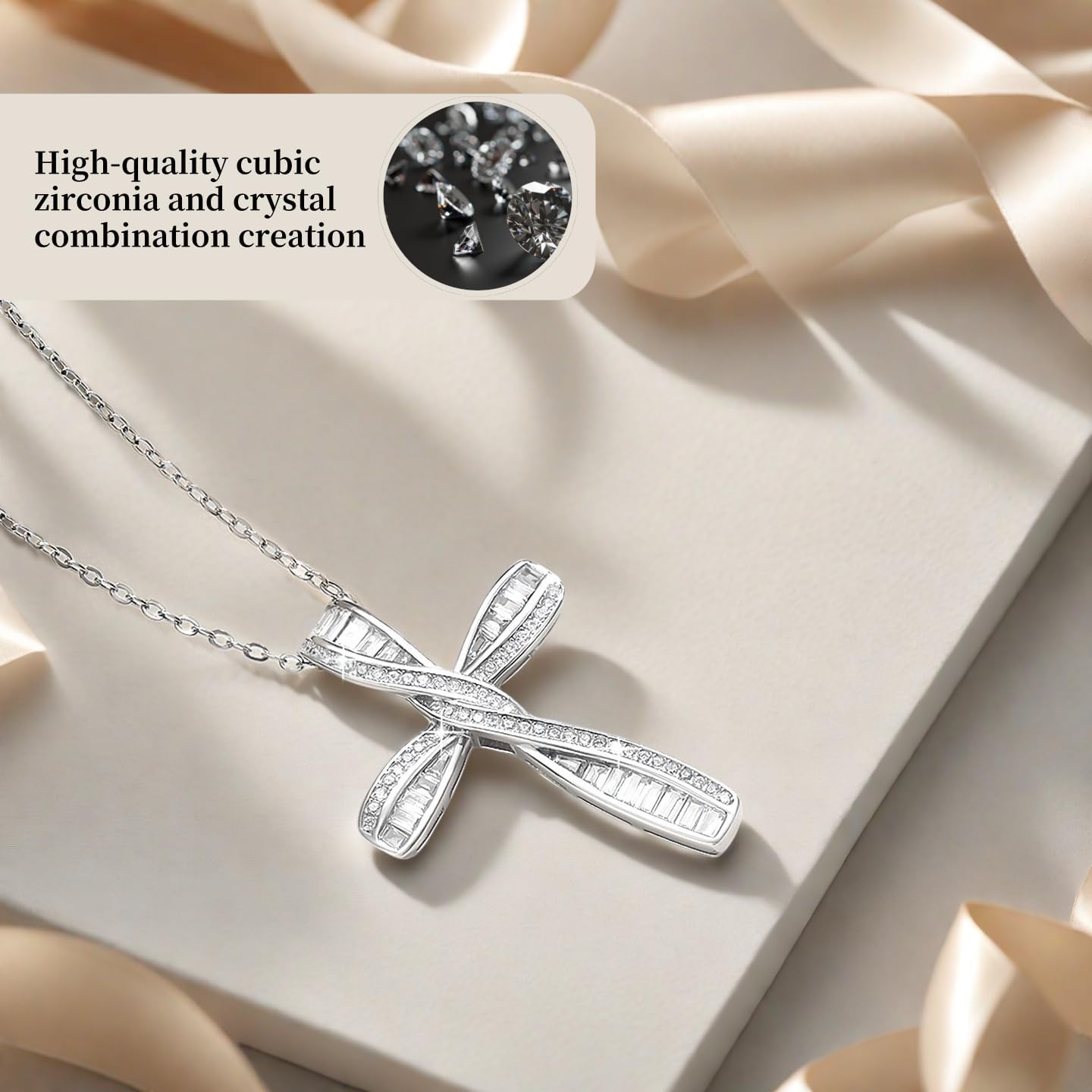 Cross Necklace for Women, 925 Sterling Silver Cross Necklaces, White Gold Cross Pendants,Cubic Zirconia Infinity Loop Cross Pendant Necklace - Image 3