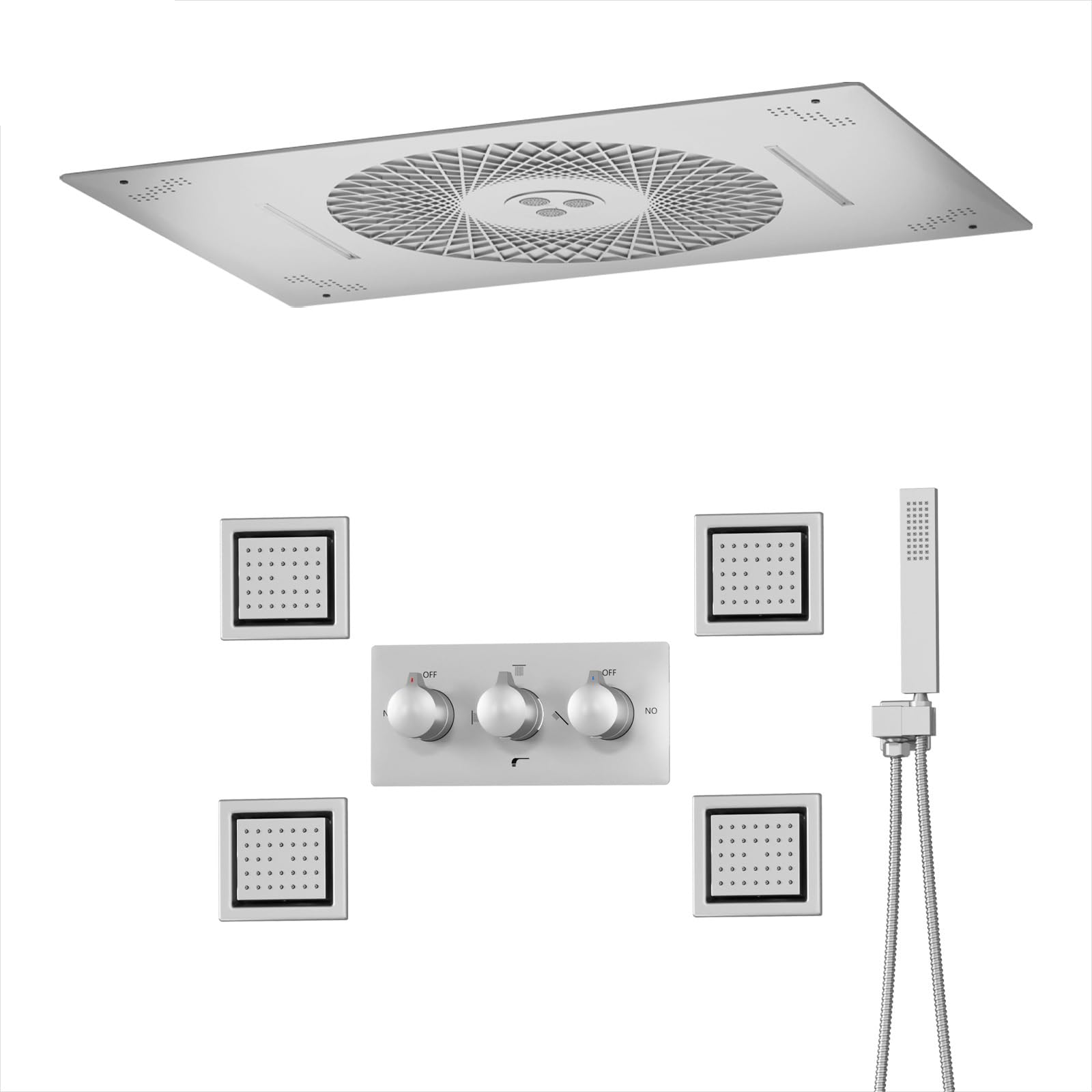 XJTNLB Juego de Ducha Oculto Ducha Efecto Lluvia y Cascada Techo Cepillado Duchas de Baño Efecto Lluvia con 4Pcs Chorros de Masaje