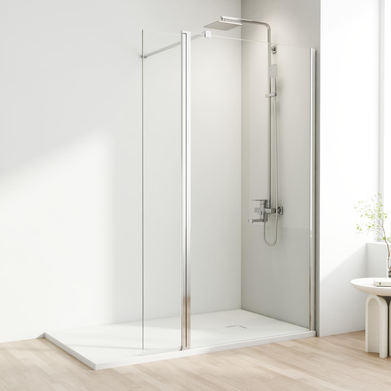 AQUARA900mm Walk-in Shower Screen, Modern Chrome Shower Screen with 300mm Flipper Panel, Reversible, 8mm Easy-Clean Toughened Glass with Support Bar