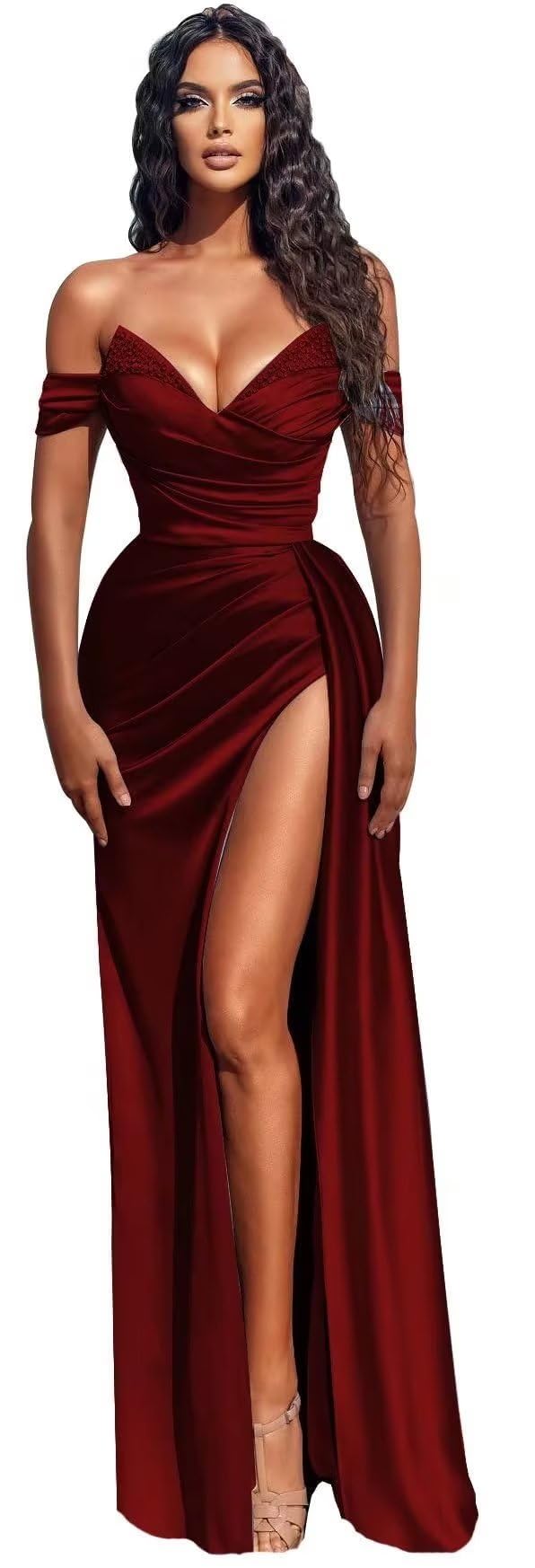 GuramisiExquisite Satin Mermaid Long Prom Dresses for Women V Neck Off Shoulder Beaded Floor Length Bridesmaid Dresses