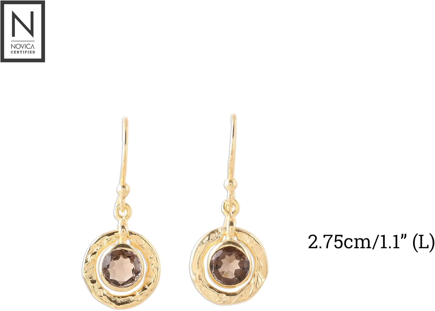 NOVICA Artisan Handmade Gold Plated Smoky Quartz Dangle Earring 18k Earrings Sterling Silver India [1.1 in L x 0.5 in W x 0.2 in D] ' Smoky Charm'