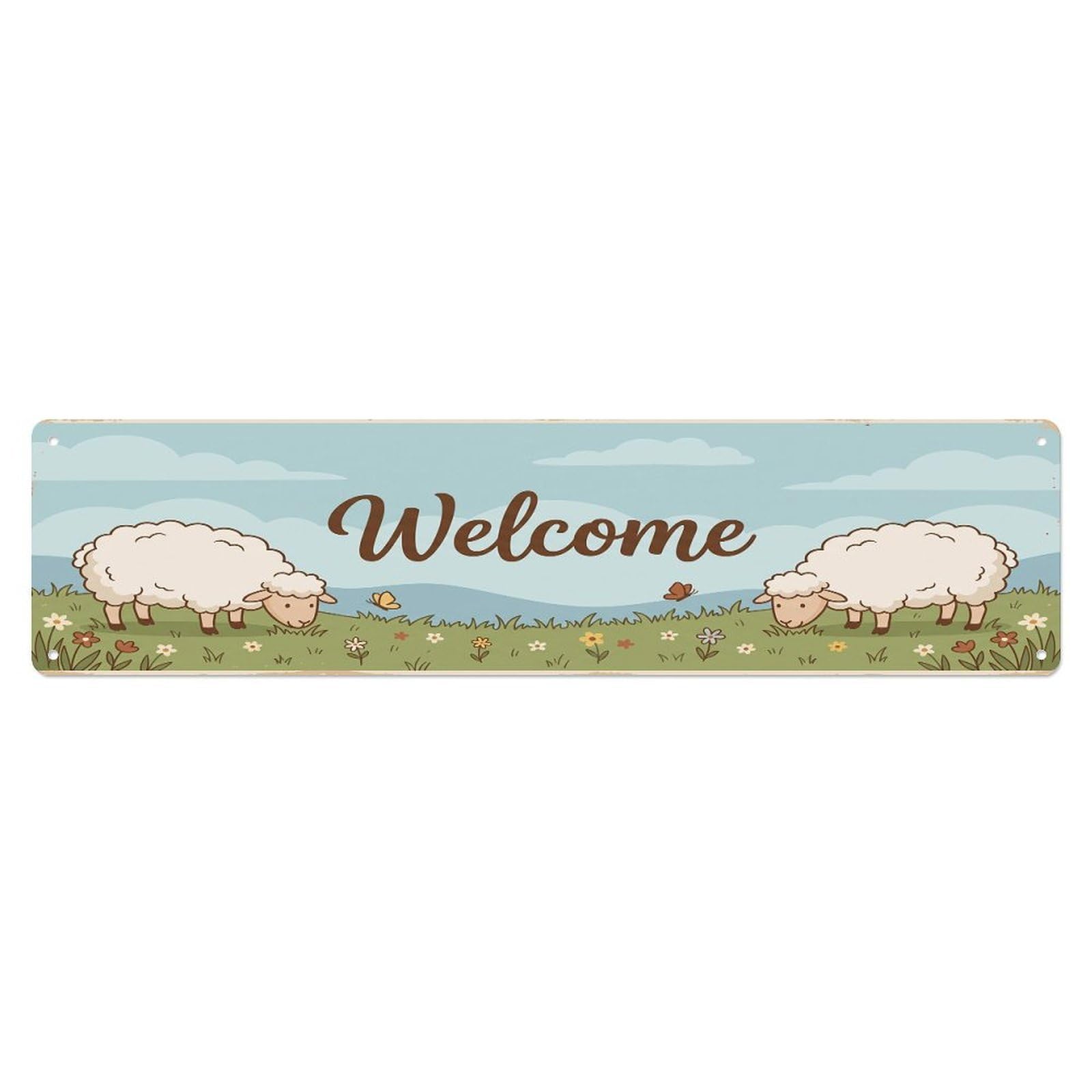 Olhnbad 4X16inch(10X40cm) Vintage Welcome Sheep Pasture Metal Tin Sign
