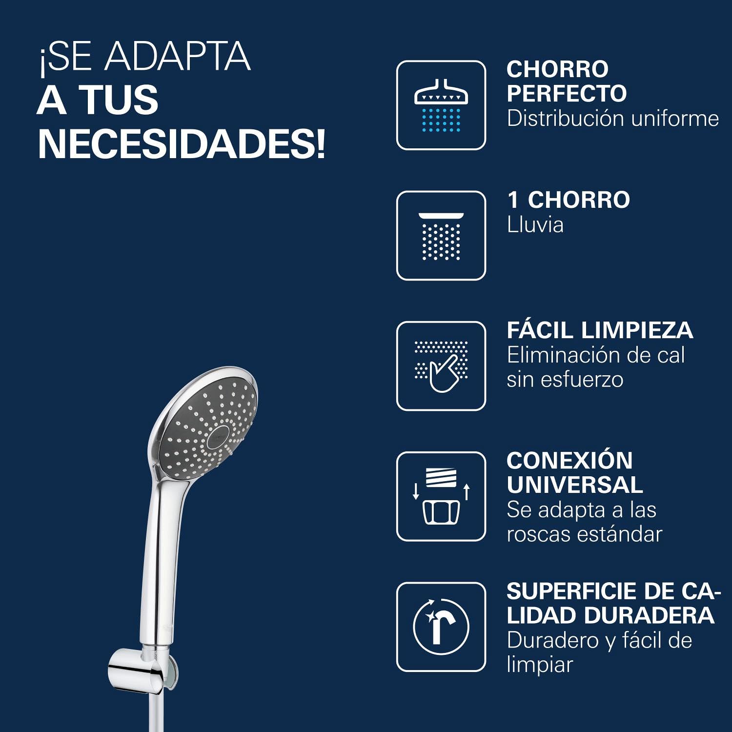 GROHE Vitalio Joy 110- Conjunto de ducha (teleducha 11 cm con 1 chorro, barra ducha 62 cm, soportes de pared metal, flexo 1,75 m, menor consumo agua, instalación QuickGlue), cromo, 27324000