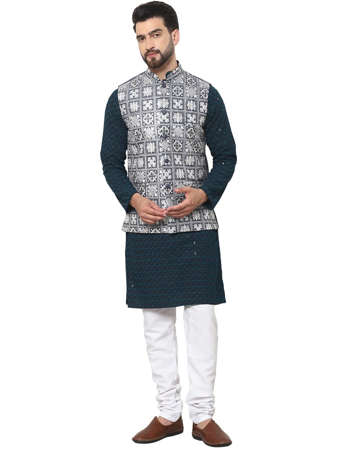 Sojanya (Since 1958 Men's Cotton Embroidered Teal Kurta And White Pyjama With Grey Nehru Jacket