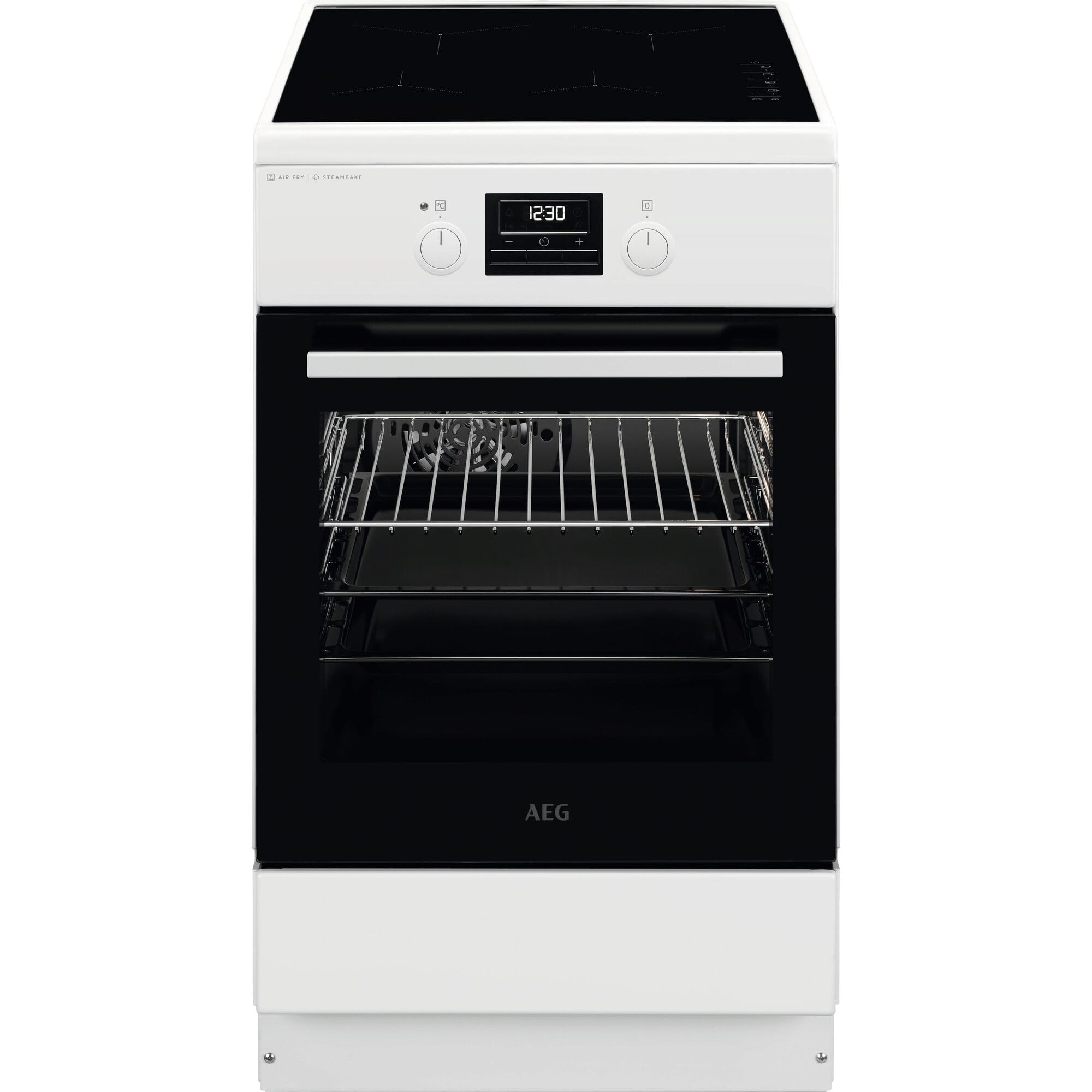 AEG Standherd mit Induktions-Kochfeld 50 cm, SteamBake-Feuchtigkeitszugabe, AirFry-Rost, Grill, A, Versenkknebel, Display mit Uhr, 2 Paar Teleskopschienen, Weiß, CIB56494BW