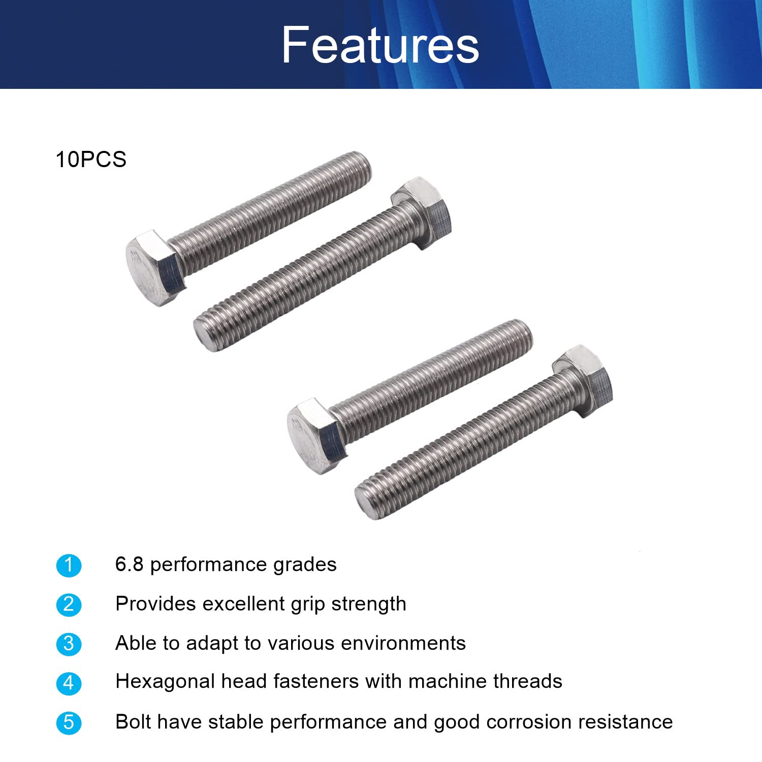 Jutagoss 10pcs M10 Hex Bolt M10-1.5 x 60mm UNC Hex Head Screw Bolts 304 Stainless Steel Fully Threaded Hex Tap Bolts